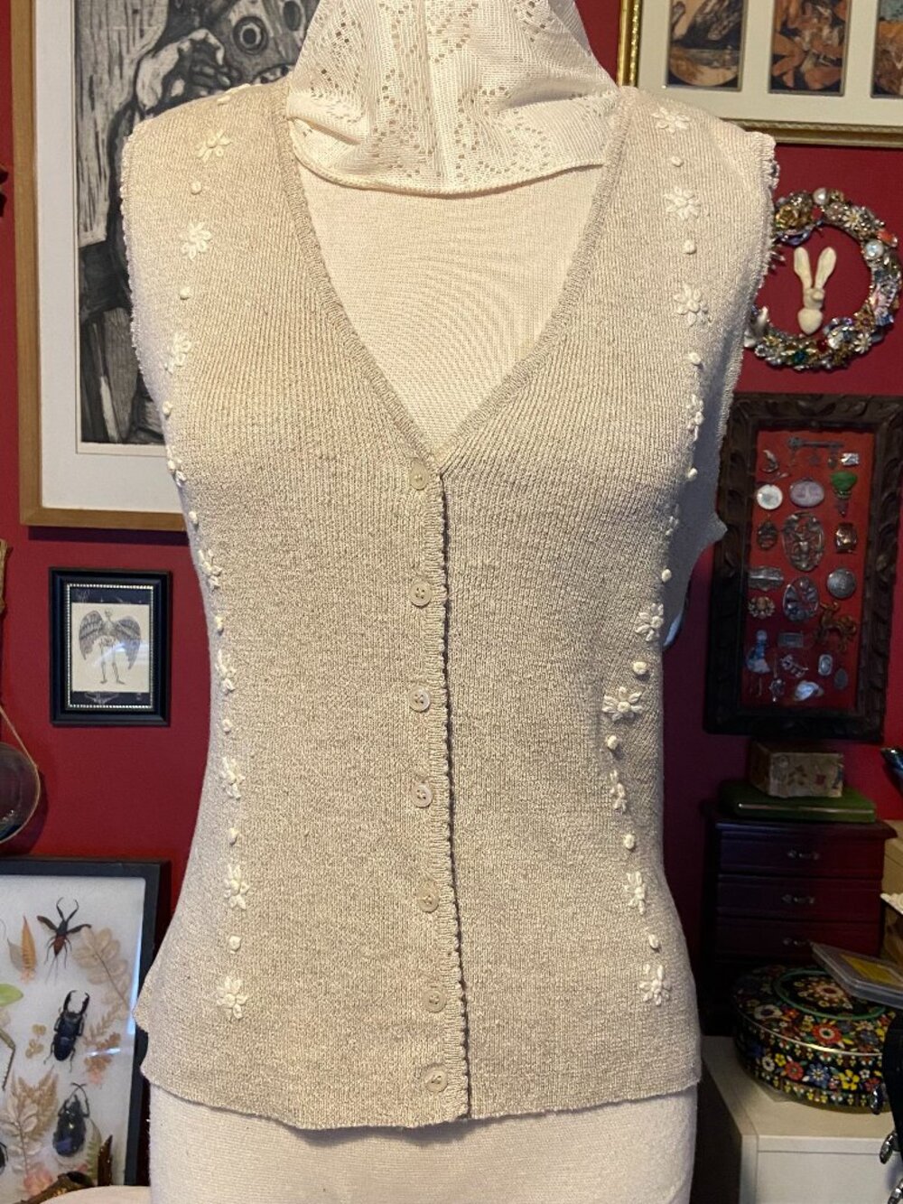 Vintage 90's ESPRIT Button Up Sweater Vest Cottage Core Oatmeal With Flowers
